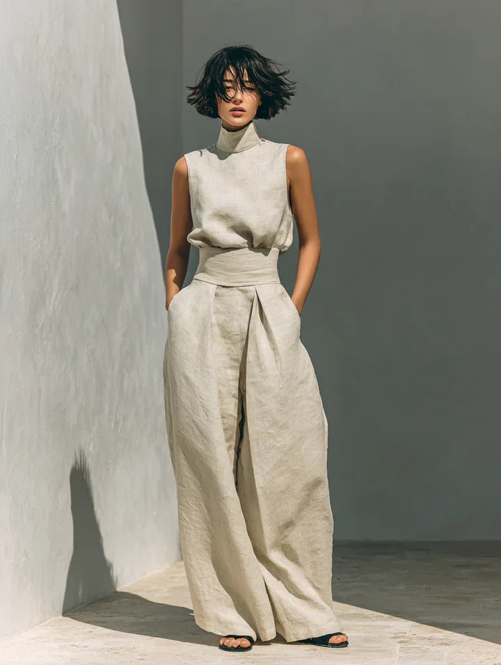 Conjunto de algodón y lino con top sin mangas y pantalón ancho