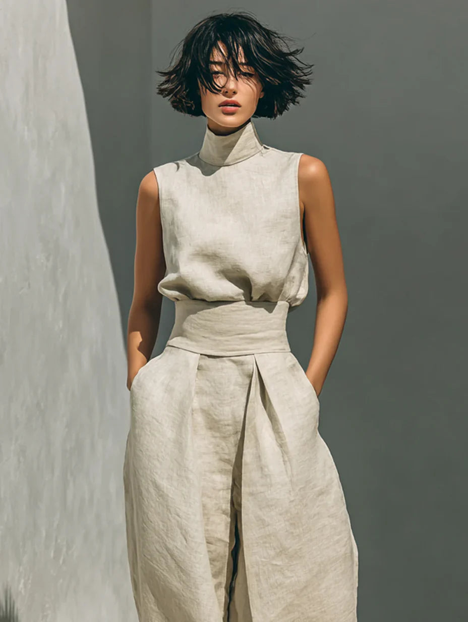 Conjunto de algodón y lino con top sin mangas y pantalón ancho