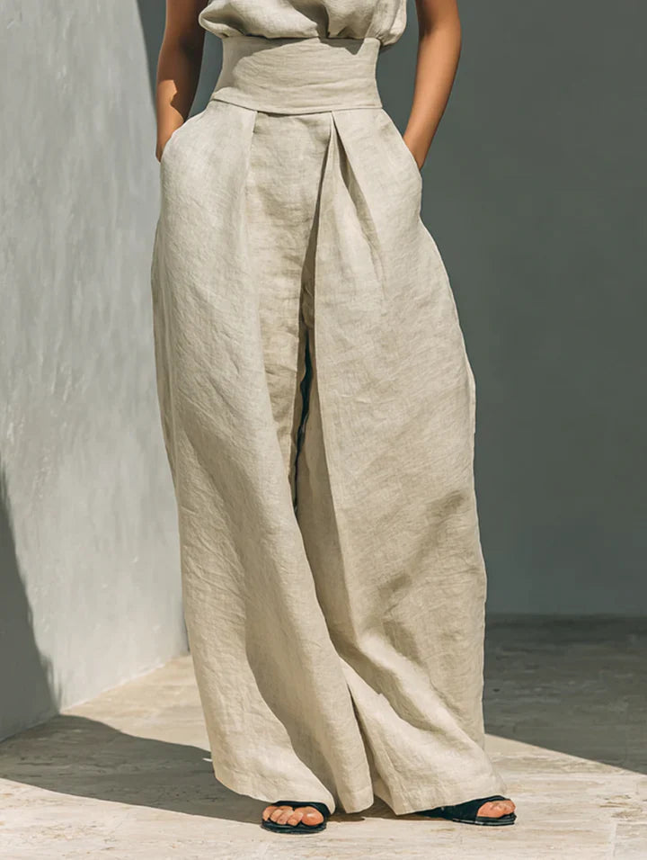 Conjunto de algodón y lino con top sin mangas y pantalón ancho