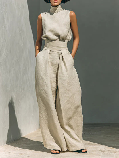 Conjunto de algodón y lino con top sin mangas y pantalón ancho