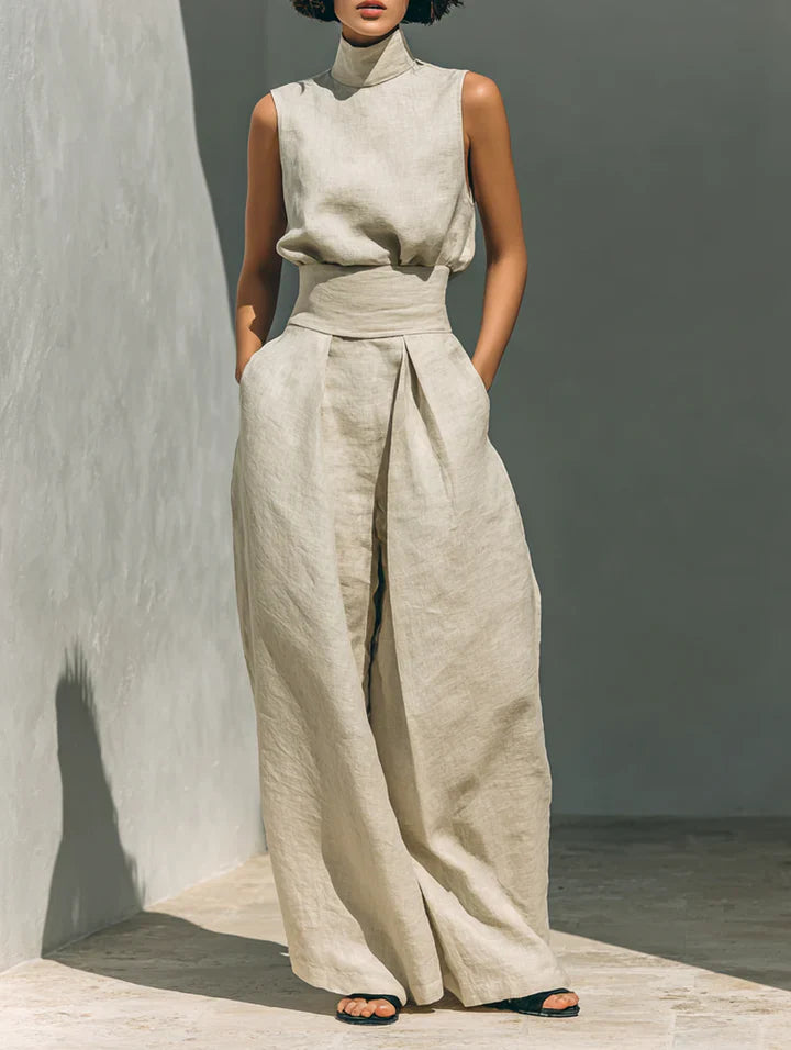 Conjunto de algodón y lino con top sin mangas y pantalón ancho