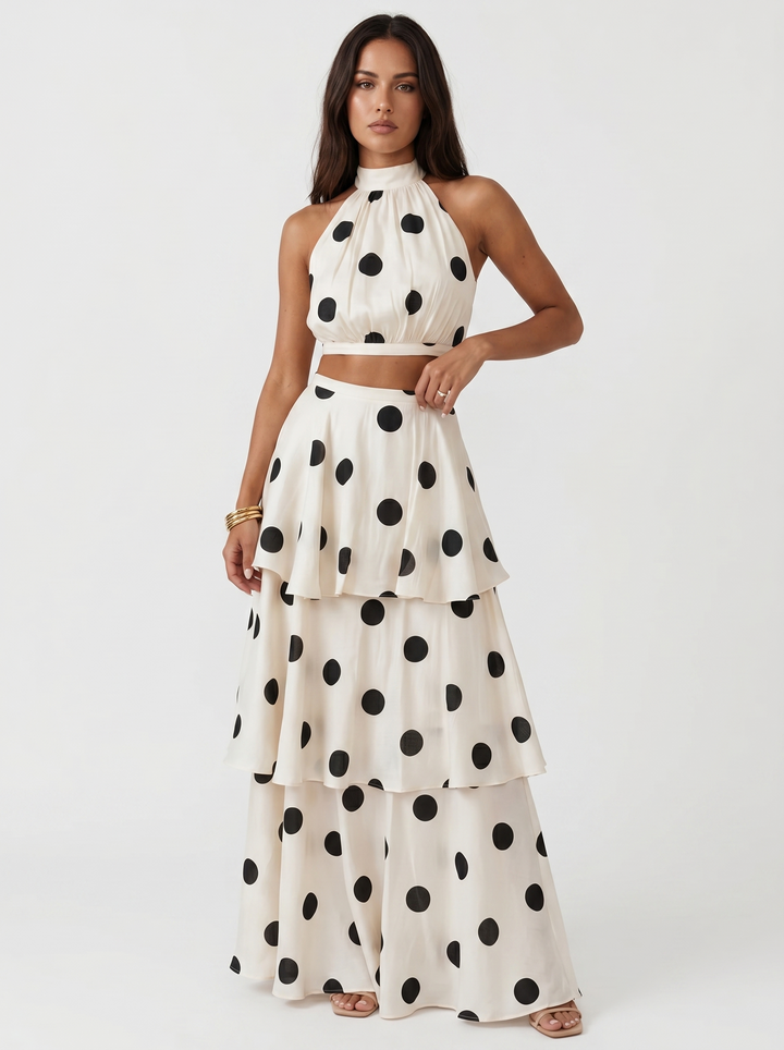 Conjunto de top y falda larga con estampado de lunares