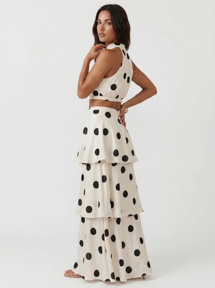 Conjunto de top y falda larga con estampado de lunares