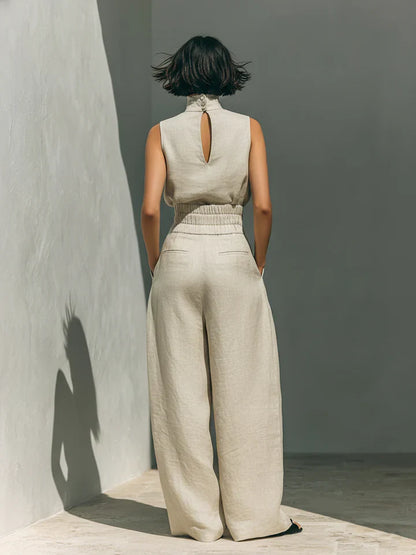 Conjunto de algodón y lino con top sin mangas y pantalón ancho