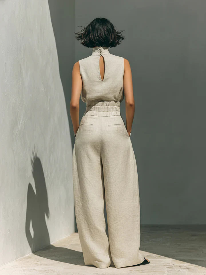 Conjunto de algodón y lino con top sin mangas y pantalón ancho