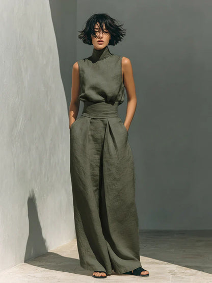 Conjunto de algodón y lino con top sin mangas y pantalón ancho