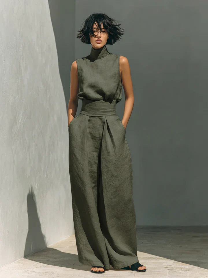 Conjunto de algodón y lino con top sin mangas y pantalón ancho