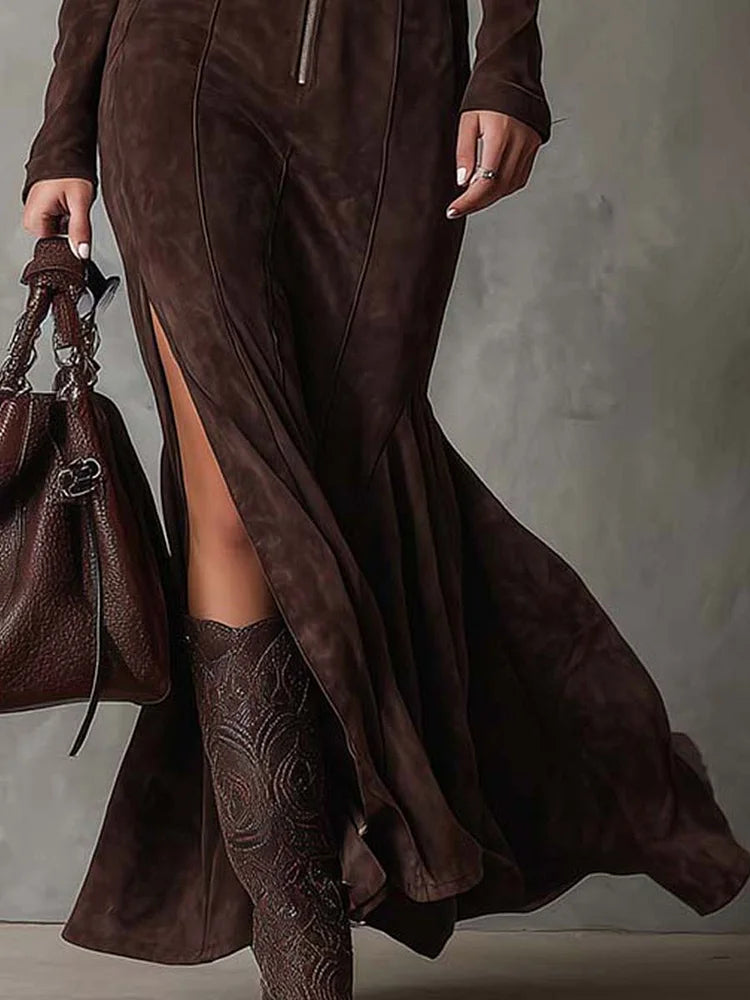 Vestido Largo Marrón con Cinturón